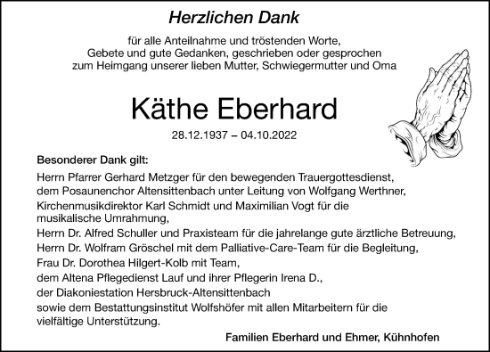 Traueranzeige von Käthe Eberhard von Hersbrucker Zeitung Lokal