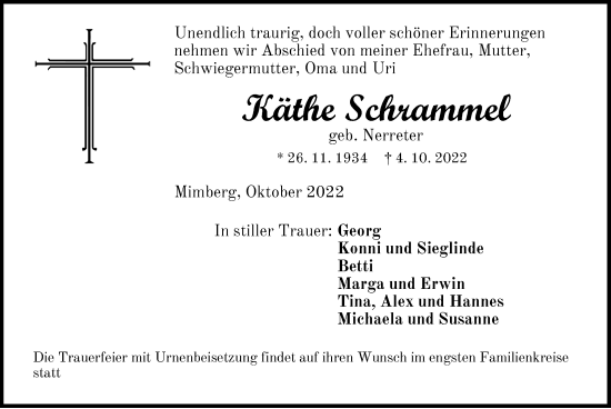 Traueranzeige von Käthe Schrammel von Der Bote