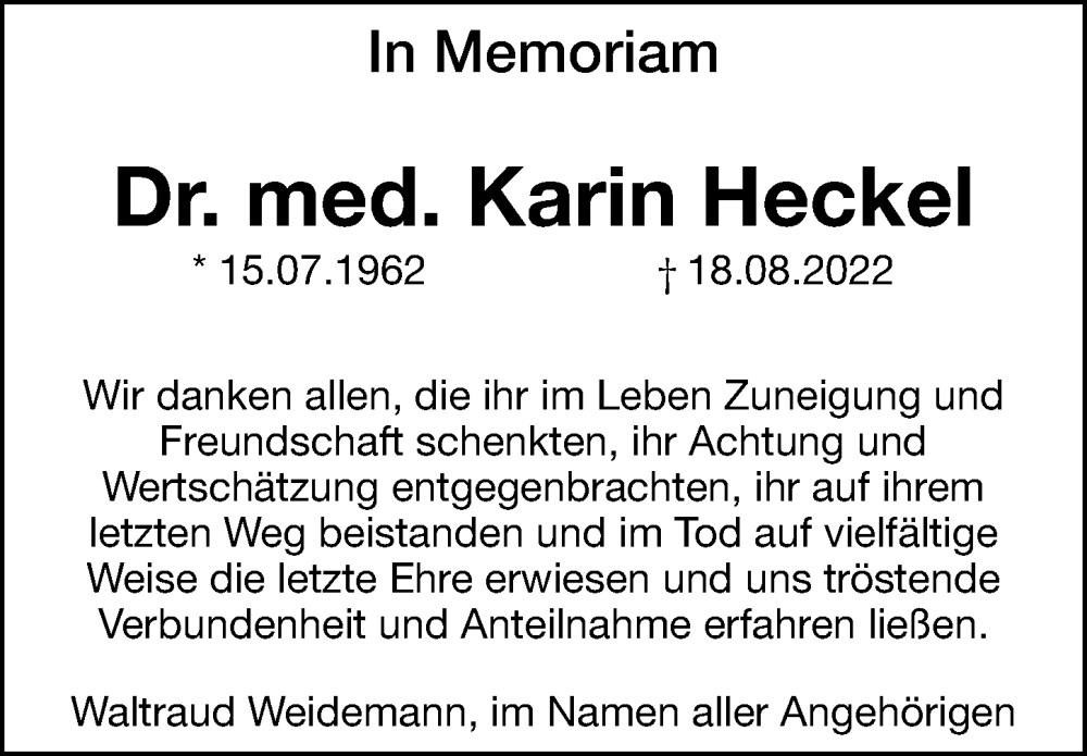  Traueranzeige für Karin Heckel vom 08.10.2022 aus Hersbrucker Zeitung Lokal