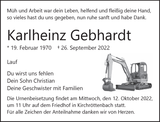 Traueranzeige von Karlheinz Gebhardt von Pegnitz-Zeitung