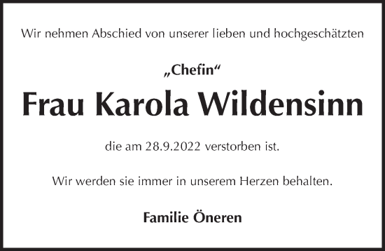 Traueranzeige von Karola Wildensinn von Pegnitz-Zeitung
