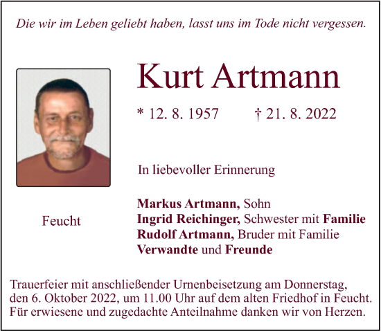 Traueranzeige von Kurt Artmann von Der Bote