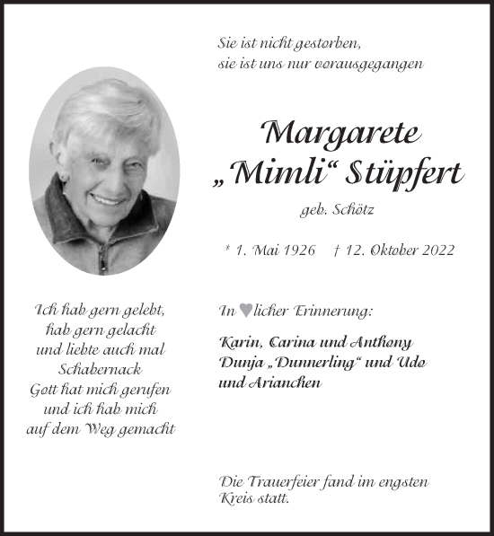 Traueranzeige von Margarete Stüpfert von Der Bote