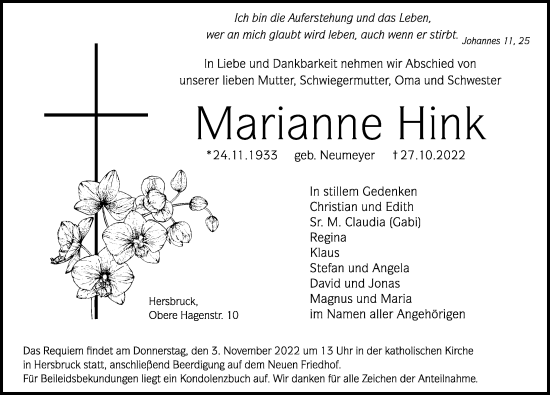 Traueranzeige von Marianne Hink von Hersbrucker Zeitung Lokal