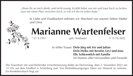 Traueranzeige von Marianne Wartenfelser von Pegnitz-Zeitung