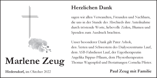 Traueranzeige von Marlene Zeug von Pegnitz-Zeitung