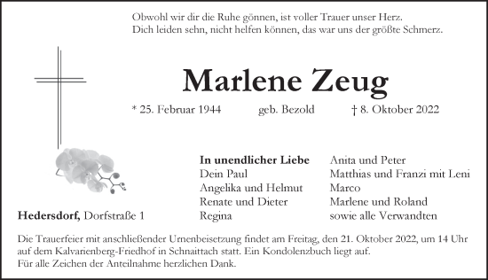 Traueranzeige von Marlene Zeug von Pegnitz-Zeitung