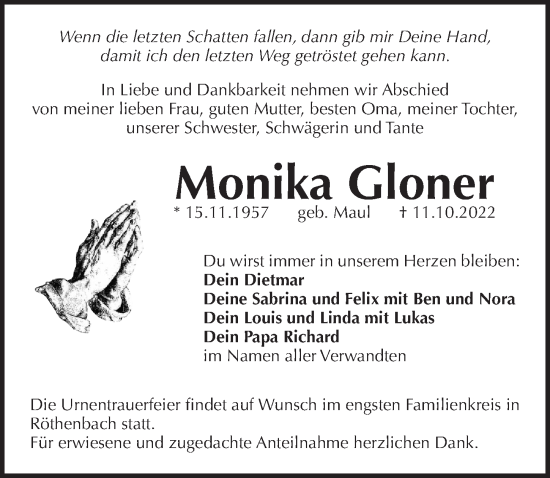 Traueranzeige von Monika Gloner von Pegnitz-Zeitung