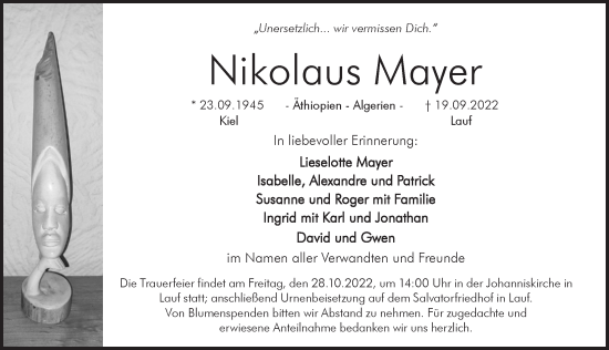 Traueranzeige von Nikolaus Mayer von Pegnitz-Zeitung