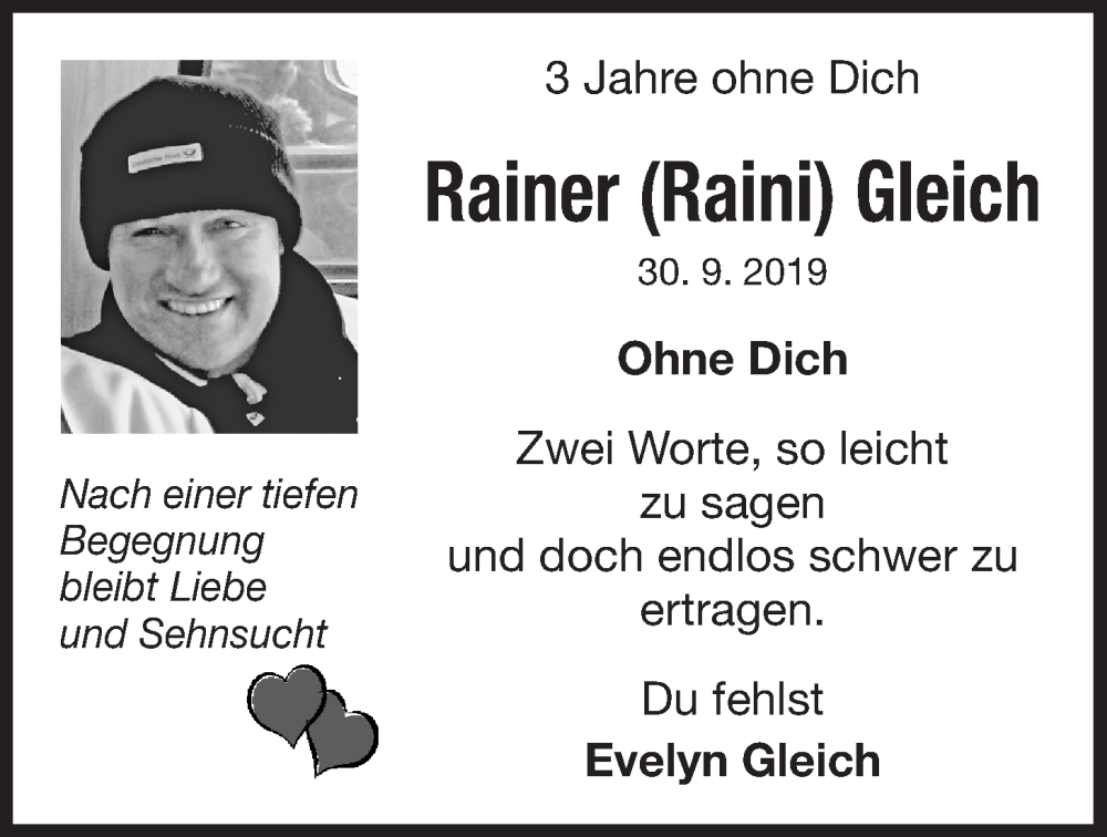  Traueranzeige für Rainer Gleich vom 01.10.2022 aus Der Bote