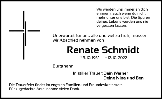 Traueranzeige von Renate Schmidt von Der Bote