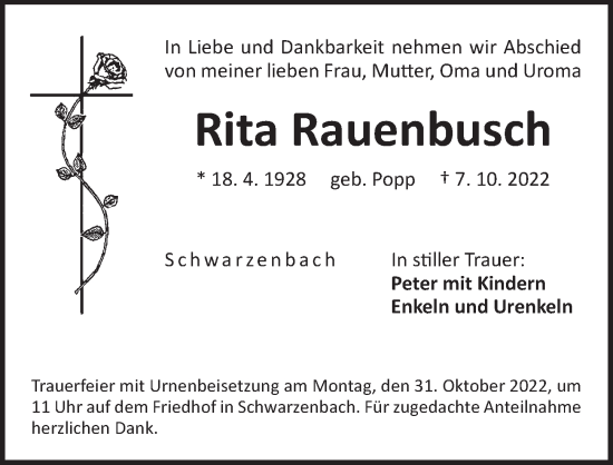 Traueranzeige von Rita Rauenbusch von Der Bote