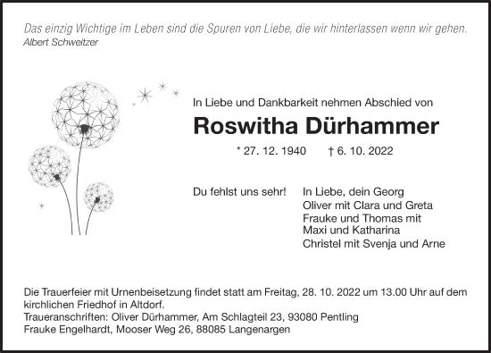 Traueranzeige von Roswitha Dürhammer von Der Bote