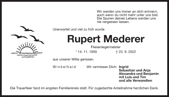 Traueranzeige von Rupert Mederer von Der Bote