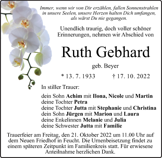 Traueranzeige von Ruth Gebhard von Der Bote