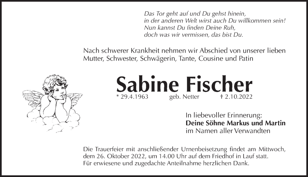  Traueranzeige für Sabine Fischer vom 22.10.2022 aus Pegnitz-Zeitung