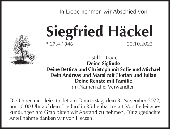 Traueranzeige von Siegfried Häckel von Pegnitz-Zeitung