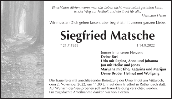 Traueranzeige von Siegfried Matsche von Pegnitz-Zeitung