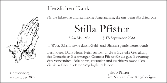 Traueranzeige von Stilla Pfister von Pegnitz-Zeitung