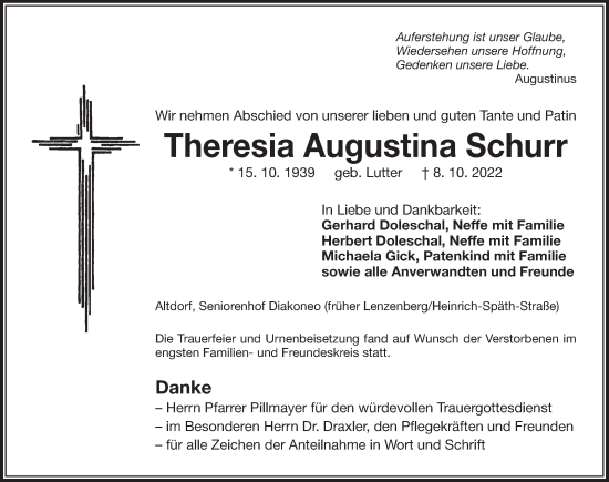 Traueranzeige von Theresia Augustina Schurr von Der Bote