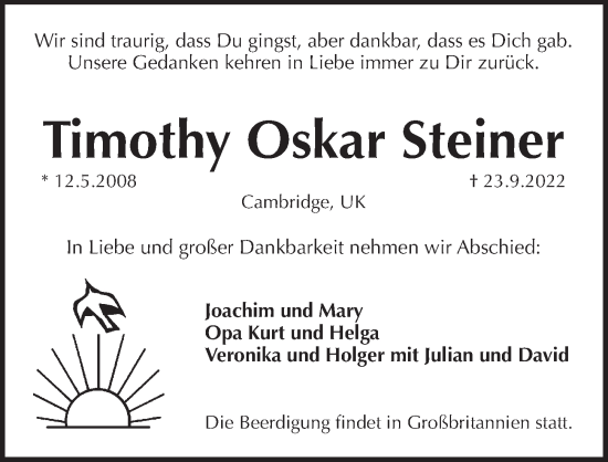 Traueranzeige von Timothy Oskar Steiner von Pegnitz-Zeitung
