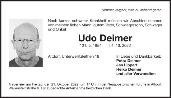 Traueranzeige von Udo Deimer von Der Bote