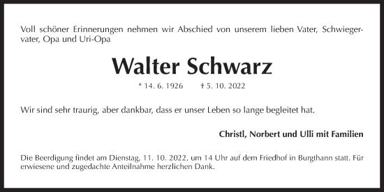 Traueranzeige von Walter Schwarz von Der Bote