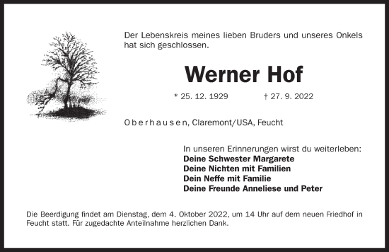 Traueranzeige von Werner Hof von Der Bote