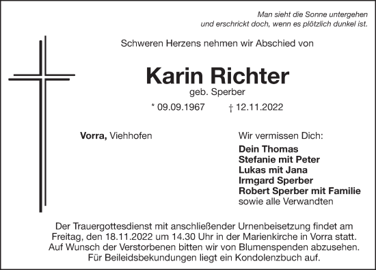 Traueranzeige von Karin Richter von Hersbrucker Zeitung