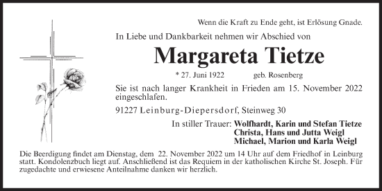 Traueranzeige von Margareta Tietze von DER BOTE