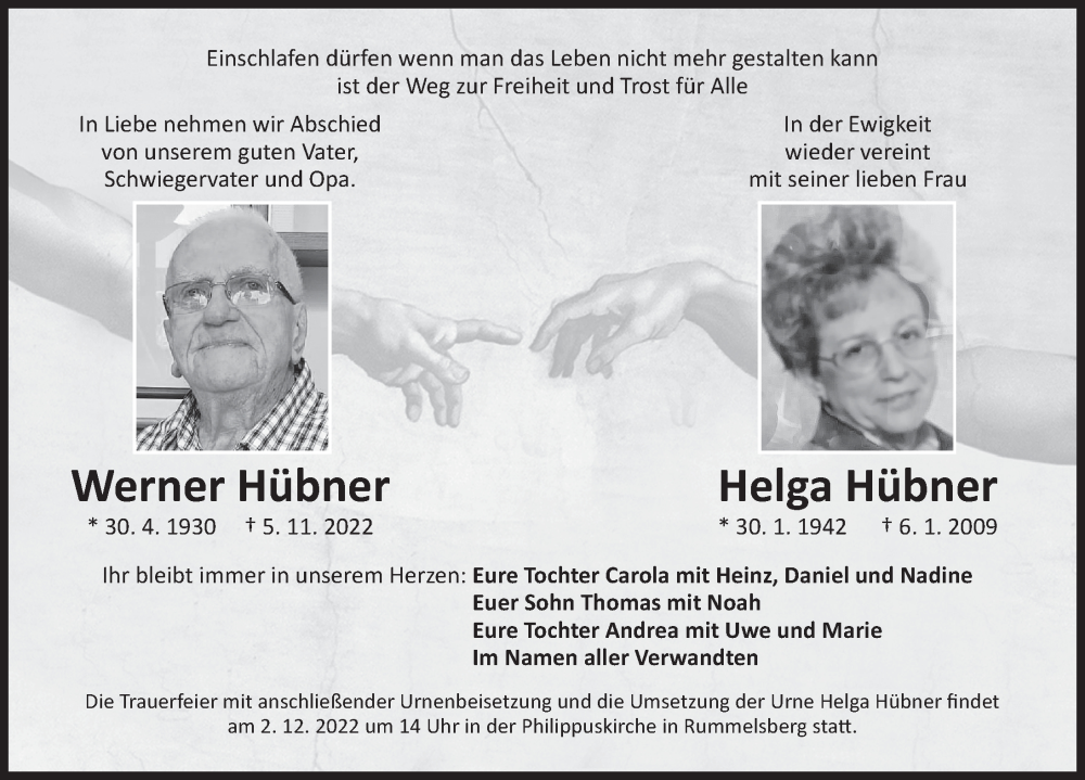  Traueranzeige für Werner und Helga Hübner vom 19.11.2022 aus DER BOTE