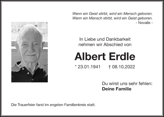 Traueranzeige von Albert Erdle von Der Bote