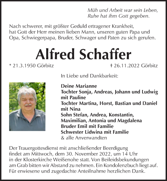 Traueranzeige von Alfred Schaffer von Pegnitz-Zeitung