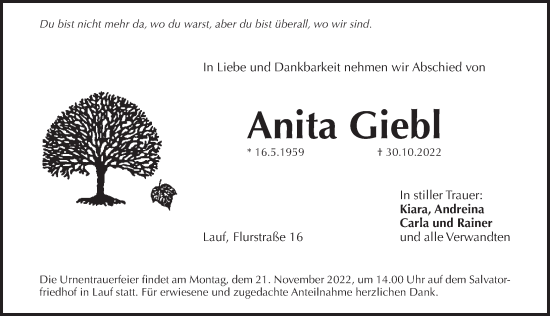 Traueranzeige von Anita Giebl von Pegnitz-Zeitung