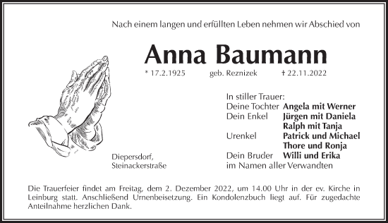 Traueranzeige von Anna Baumann von Pegnitz-Zeitung
