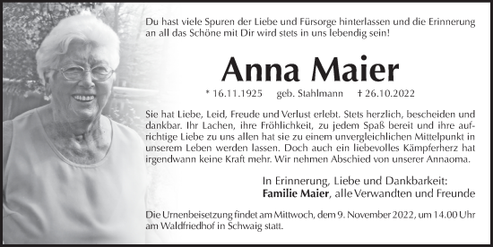 Traueranzeige von Anna Maier von Pegnitz-Zeitung