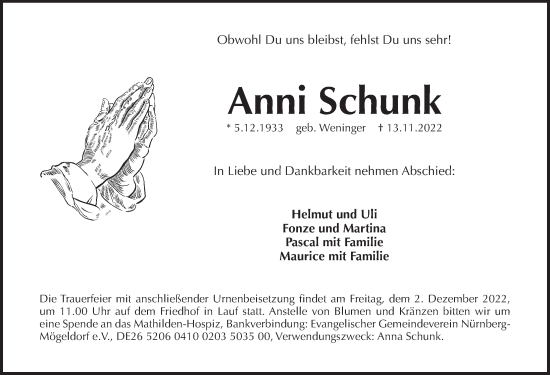 Traueranzeige von Anni Schunk von Pegnitz-Zeitung