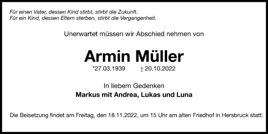 Traueranzeige von Armin Müller von Hersbrucker Zeitung Lokal