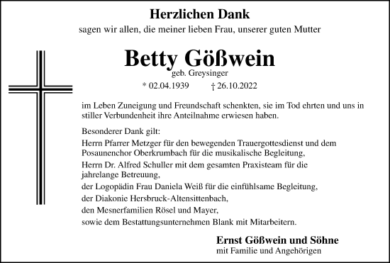 Traueranzeige von Betty Gößwein von Hersbrucker Zeitung Lokal