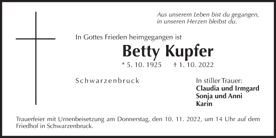 Traueranzeige von Betty Kupfer von Der Bote