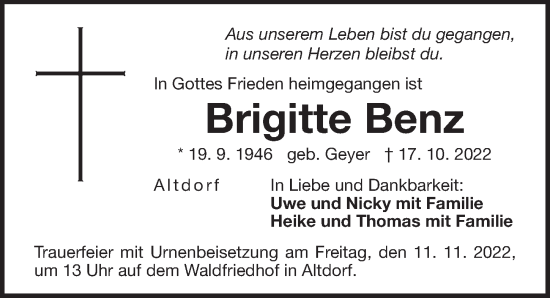 Traueranzeige von Brigitte Benz von Der Bote