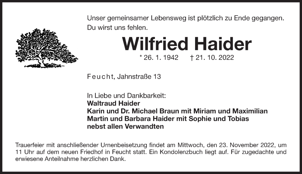 Traueranzeige für Wilfried Haider vom 19.11.2022 aus DER BOTE