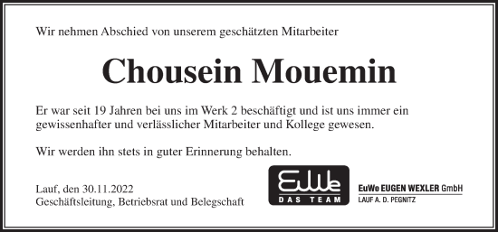 Traueranzeige von Chousein Mouemin von Pegnitz-Zeitung