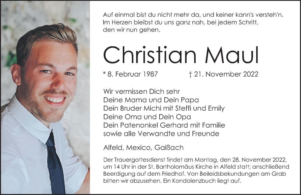  Traueranzeige für Christian Maul vom 26.11.2022 aus Hersbrucker Zeitung Lokal