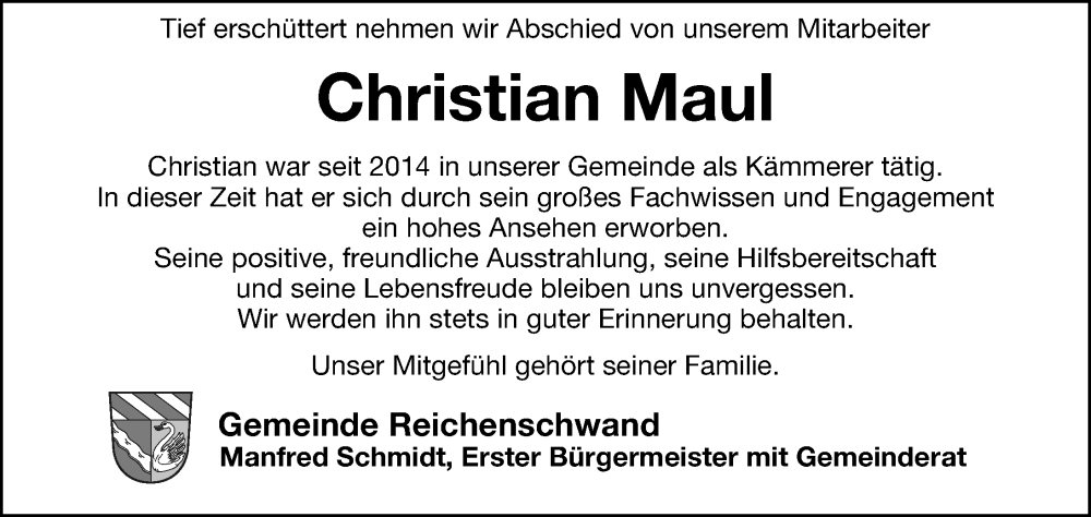  Traueranzeige für Christian Maul vom 26.11.2022 aus Hersbrucker Zeitung Lokal