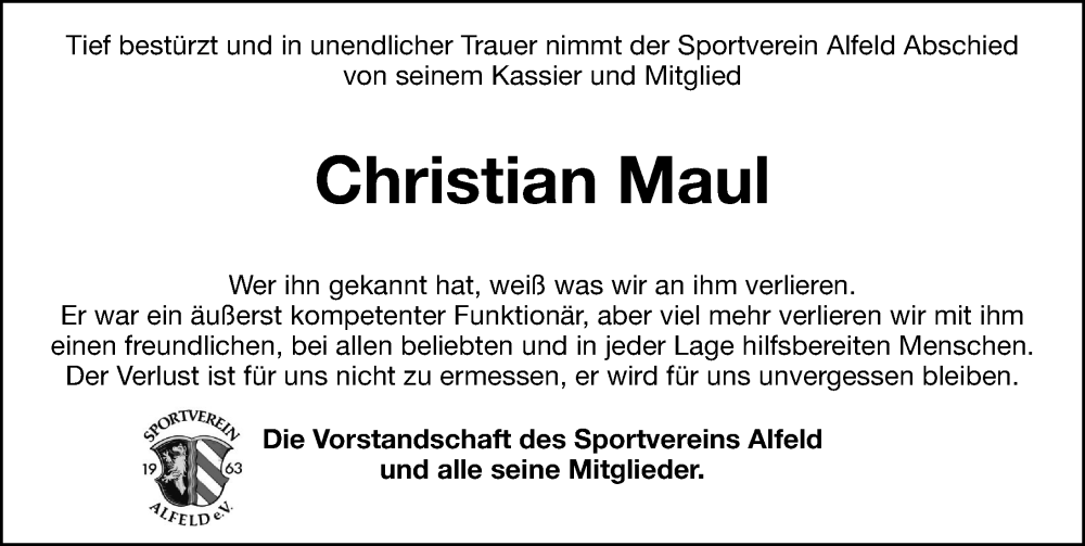  Traueranzeige für Christian Maul vom 26.11.2022 aus Hersbrucker Zeitung Lokal