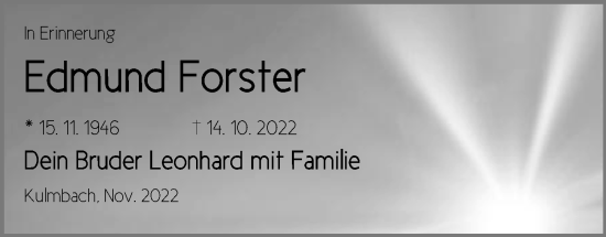Traueranzeige von Edmund Forster von Hersbrucker Zeitung Lokal