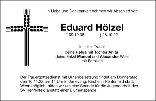 Traueranzeige von Eduard Hölzel von Hersbrucker Zeitung Lokal