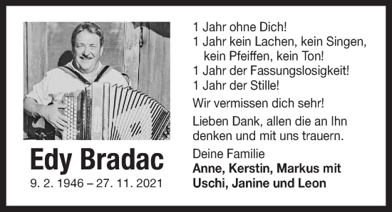 Traueranzeige von Edy Bradac von Der Bote