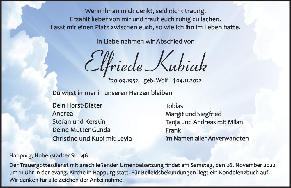  Traueranzeige für Elfriede Kubiak vom 19.11.2022 aus Hersbrucker Zeitung Lokal